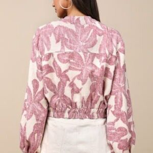 Signey Light Beige and Mauve Pink Floral Bomber Jacket